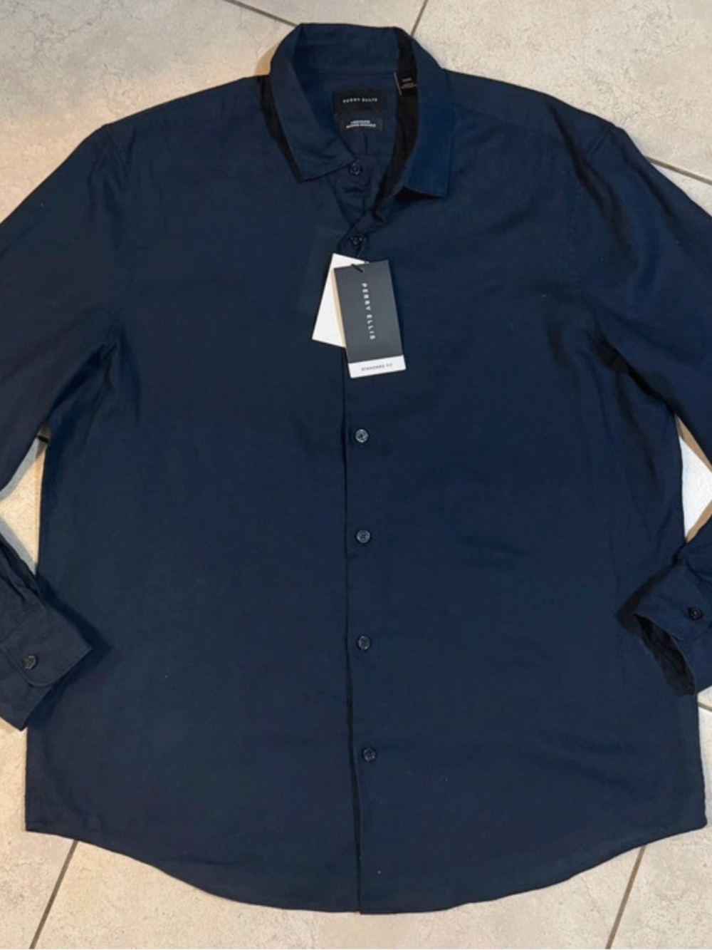 Perry Ellis Navy Blue Long-Sleeve Dress Shirt